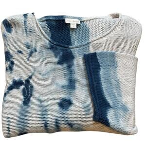 Pure Jill Cotton Cashmere Blue White Tie Dye Relaxed Kimono Sleeve Sweater Small
